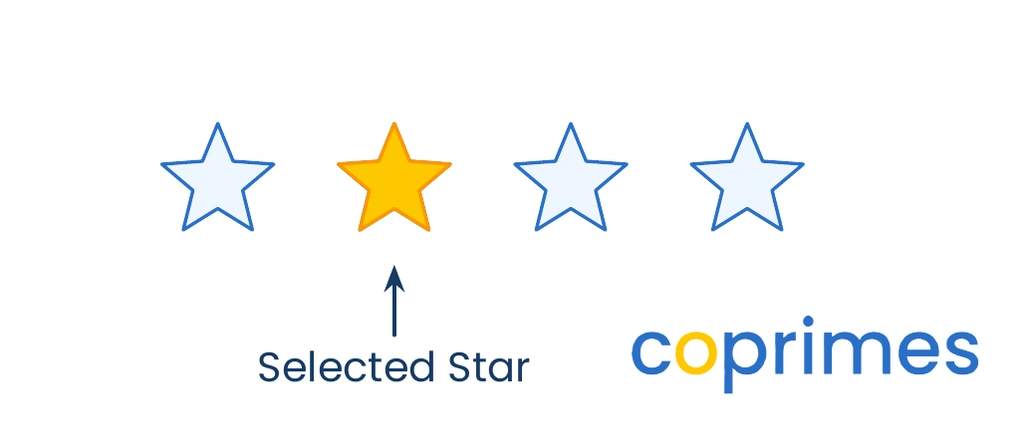 A row of four stars. The first, third, and fourth stars are blue. The second star is yellow, and an arrow points to it with a label saying Selected Star.