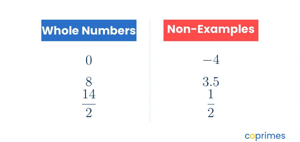 A comparison table showing examples of whole numbers like 0, 8, and 14 over 2, alongside non-examples like negative 4, 3.5, and 1 half.