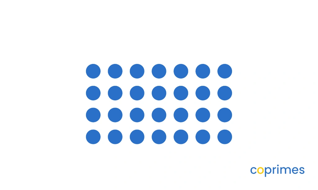 A rectangular array of dots containing 4 rows and 7 columns, representing a total of 28 dots.