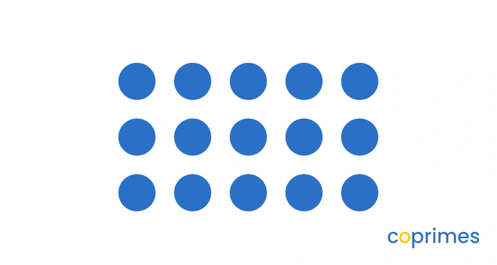 An array showing 3 rows and 5 columns of dots, totaling 15 dots.