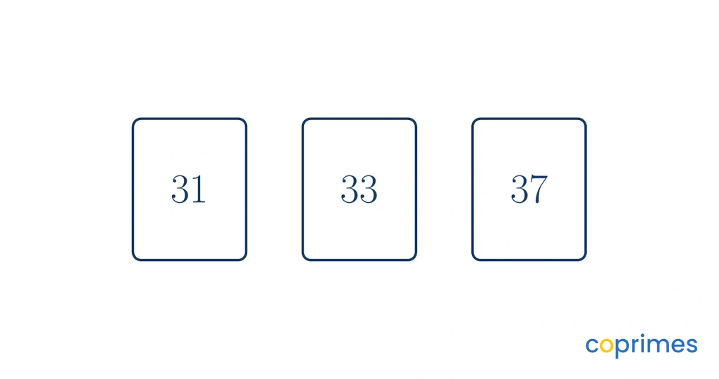 Three cards showing the numbers 31, 33, and 37.