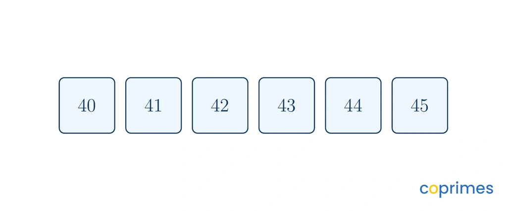 A number grid showing the numbers 40, 41, 42, 43, 44, and 45.