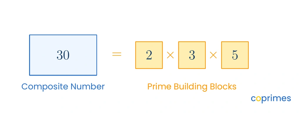 A diagram illustrating primes as building blocks. A large block labeled 30 is broken down into three smaller connected prime blocks labeled 2, 3, and 5.