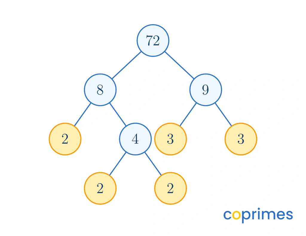 A factor tree for 72 showing two paths. One path branches from 72 to 8 and 9. The 8 branches to 2 and 4, then 4 to 2 and 2. The 9 branches to 3 and 3. All bottom nodes are highlighted as primes.