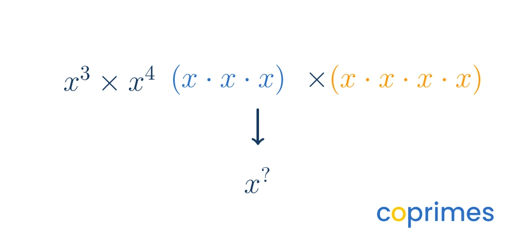 An area model showing the product of x to the third power and x to the fourth power. The expression is expanded into three x variables and four x variables multiplying to form seven x variables.