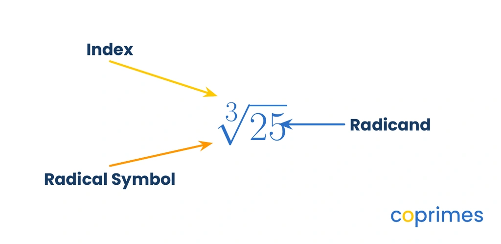 A diagram breaking down the components of a radical expression, pointing to the index, the radical symbol, and the radicand.