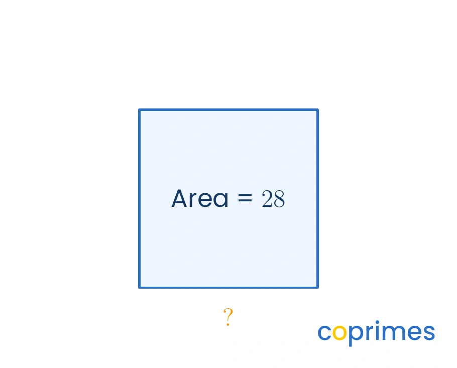 A square with an area labeled 28 square units. The side length is marked with a question mark.
