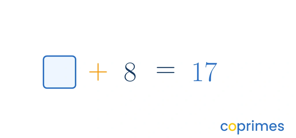 A horizontal equation showing an unknown addend represented by a box, plus 8, equals 17.