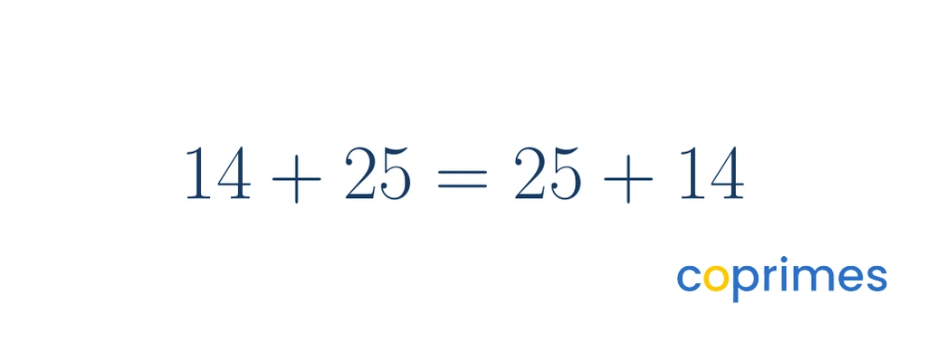 A balanced mathematical equation showing 14 plus 25 equals 25 plus 14.