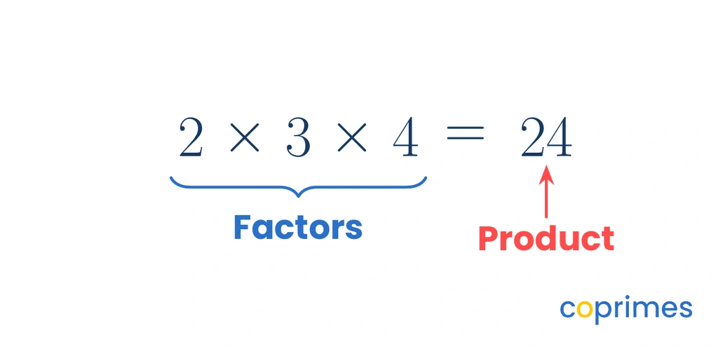 An equation showing 2 times 3 times 4 equals 24. A single bracket groups the numbers 2, 3, and 4 together, labeling them all as factors. The number 24 is labeled as the product.