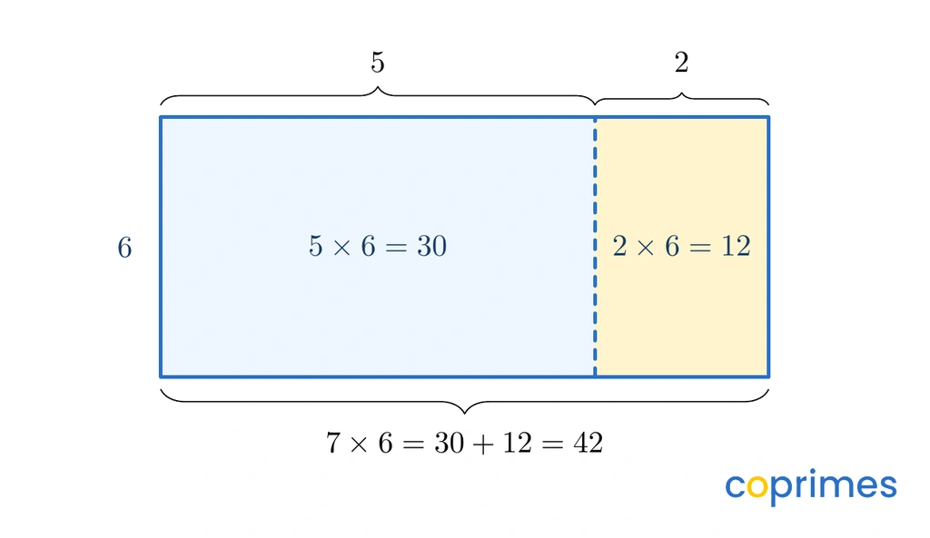 An area model splitting the rectangle for 7 times 6 into two smaller rectangles: one for 5 times 6 and one for 2 times 6. The total area is 30 plus 12, which equals 42.