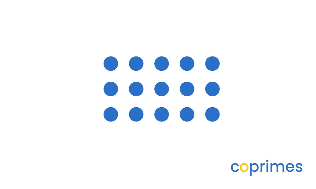 An array showing 3 rows of dots, with 5 dots in each row. The total number of dots is 15.