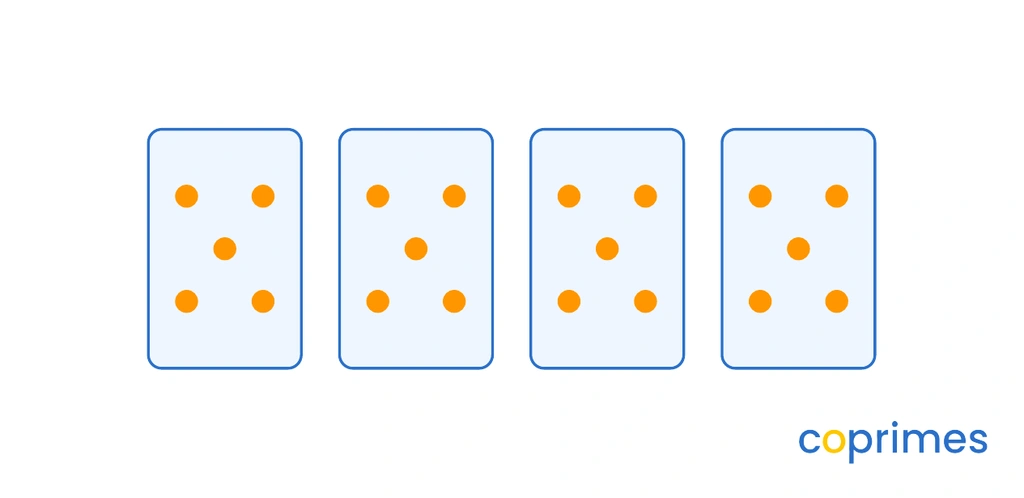 Four identical rectangular boxes. Each box contains five dots.