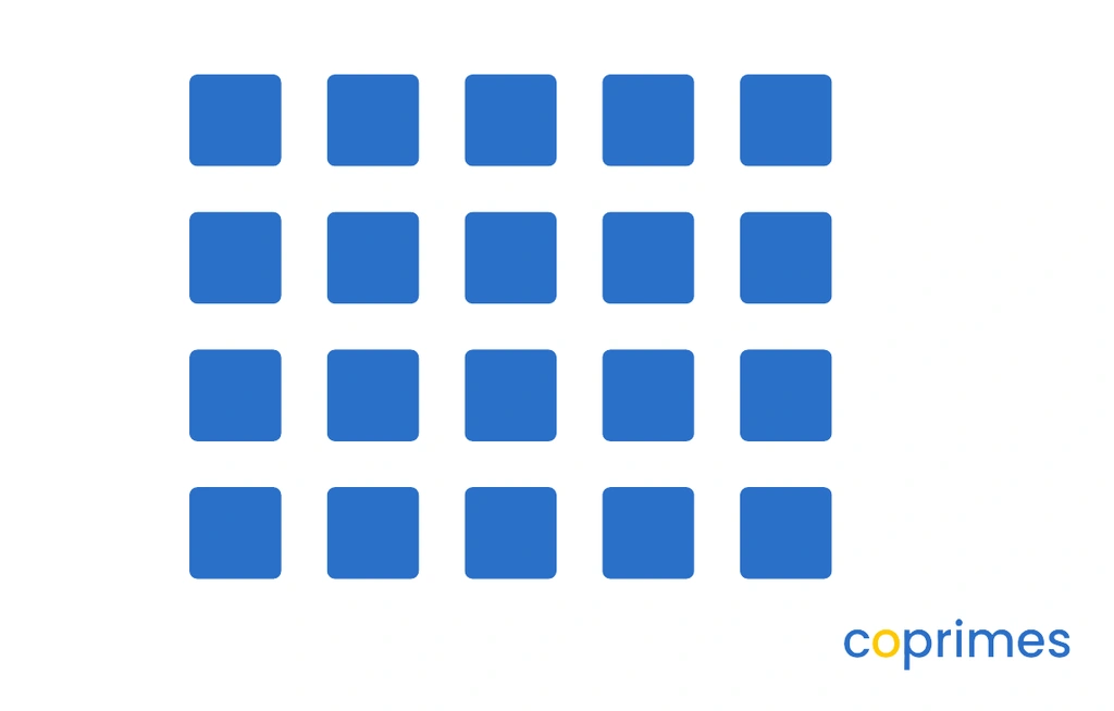 A multiplication array consisting of 20 squares arranged evenly into 4 horizontal rows and 5 vertical columns.