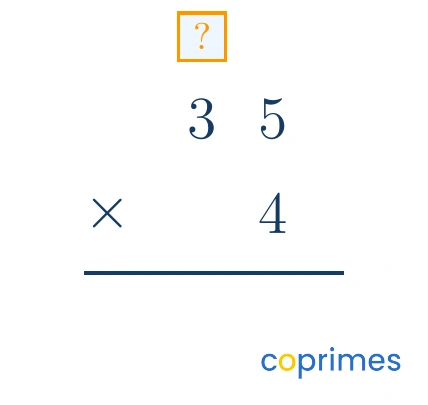 Vertical setup for 35 times 4. An empty box is positioned above the 3 in the tens column indicating a carried digit belongs there.