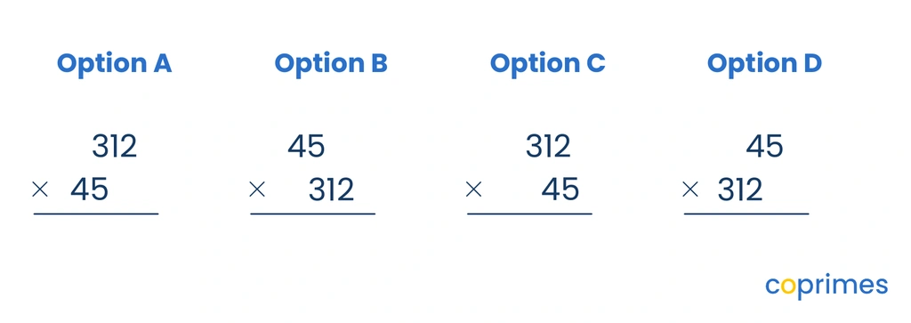 Four options showing different column alignments for 312 multiplied by 45. The correct alignment places 312 above 45 with the 2 and 5 aligned on the right.