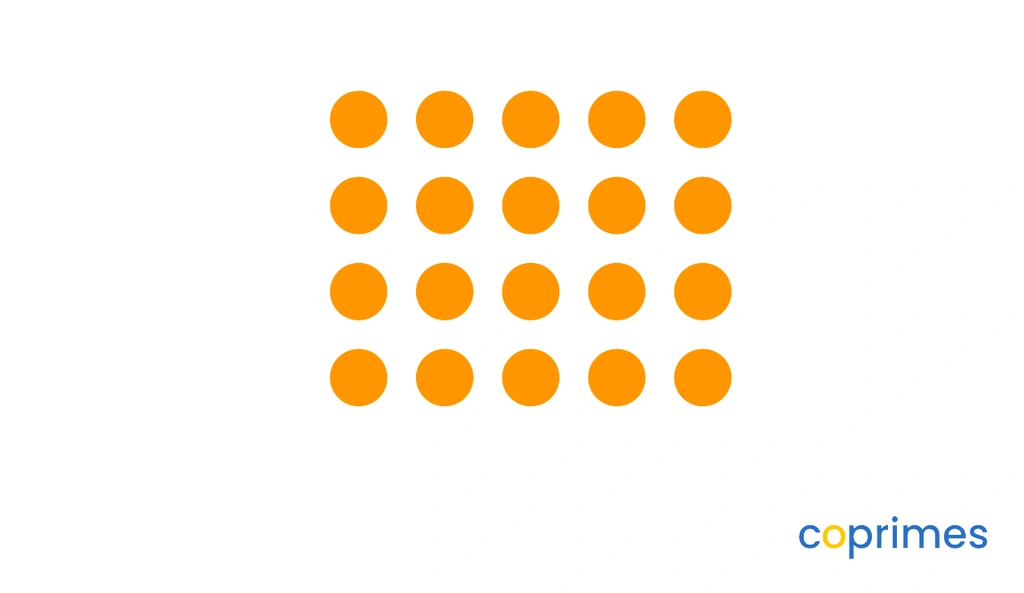 An array showing 4 rows and 5 columns of dots, representing a total of 20 dots.