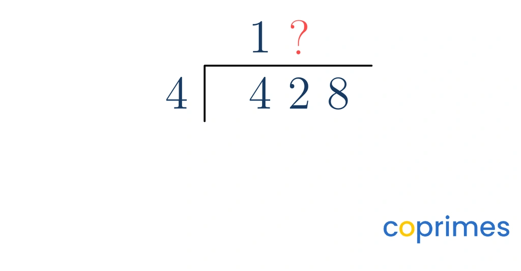 A short division setup showing 428 divided by 4. A 1 is written above the 4 in the hundreds place. A red question mark is above the 2 in the tens place.
