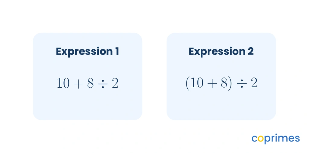 Two mathematical expressions placed side by side comparing ten plus eight divided by two with and without parentheses.