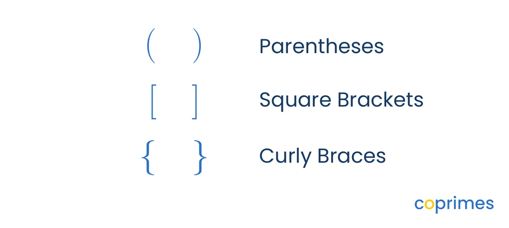 A chart showing round parentheses, square brackets, and curly braces with their mathematical symbols.