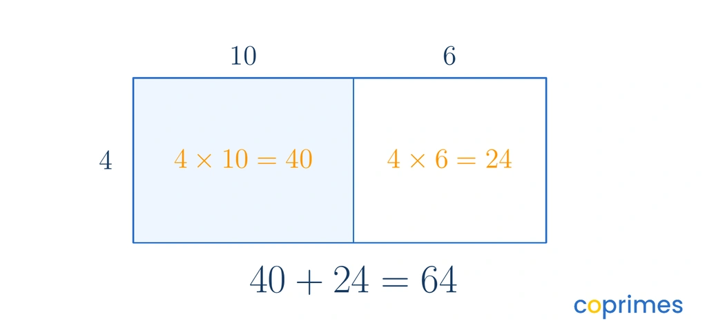 An area model splits a rectangle representing 4 times 16 into two smaller rectangles. The first is 4 times 10 equaling 40, and the second is 4 times 6 equaling 24. The total is 64.