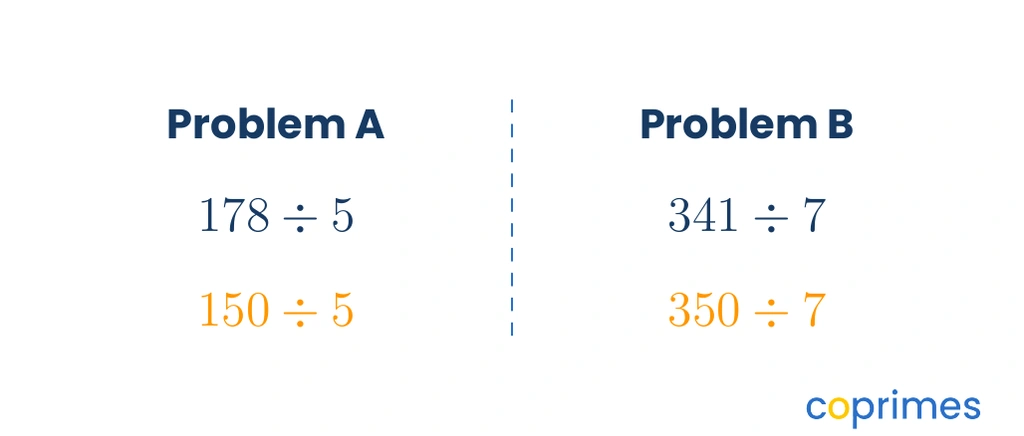 A side-by-side comparison. On the left, rounding 123 divided by 4 gives 120 divided by 4. On the right, rounding 178 divided by 5 gives 180 divided by 5.