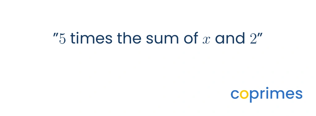 A visual separating a phrase into three parts: 5 times, the sum of, and x and 2. An arrow points from the sum of to a pair of empty parentheses.