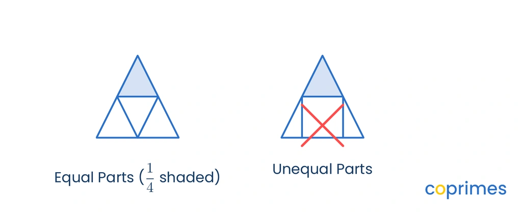 Two identical triangles. The left triangle is correctly divided into 4 equal smaller triangles. The right triangle is incorrectly divided into 4 pieces of unequal area and marked with a red cross.