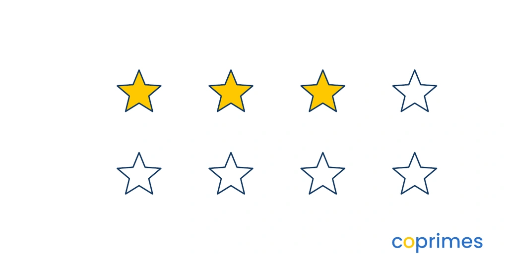 A set of 8 stars arranged in two rows. In the first row, 3 stars are yellow and 1 star is white. In the second row, all 4 stars are white.