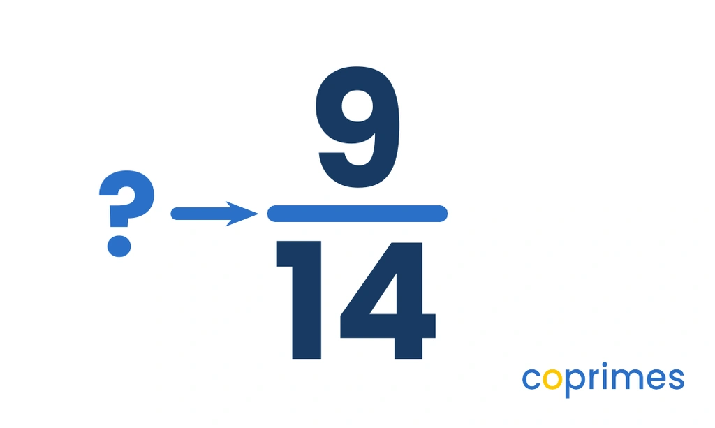 A fraction 9 over 14 is shown with an arrow pointing specifically to the horizontal line between the 9 and the 14.