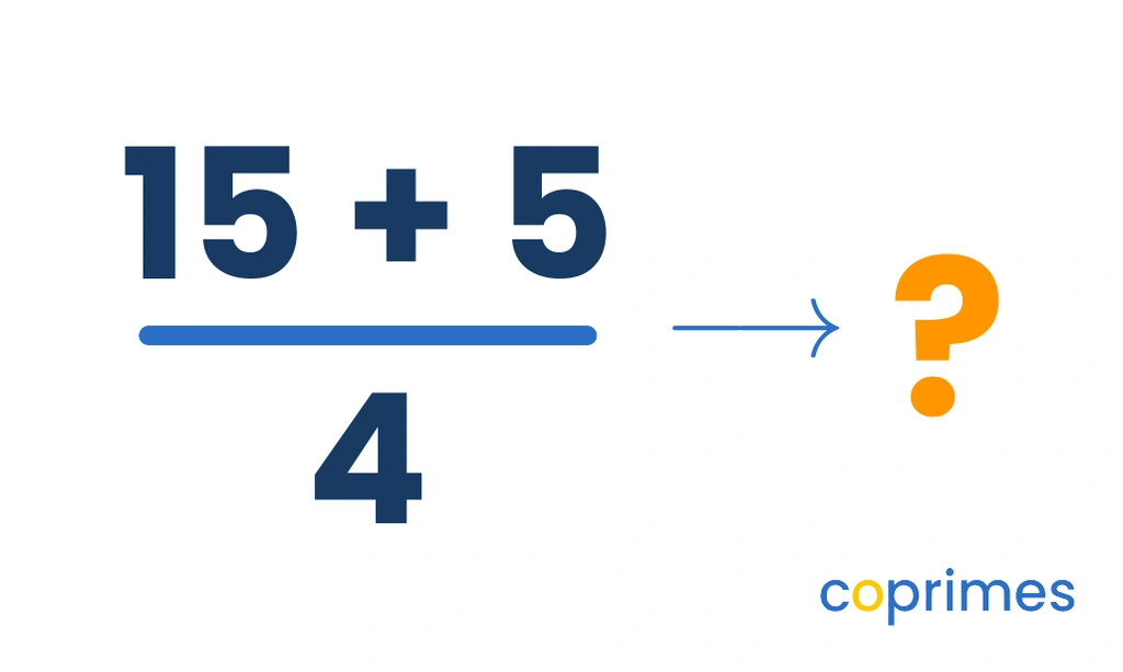 A visual showing the fraction 15 plus 5 over 4, with an arrow pointing to a question mark.