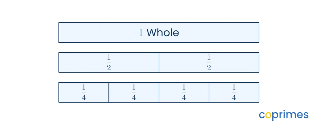 Three fraction strips stacked vertically. The top strip is 1 whole. The middle strip is divided into 2 equal halves. The bottom strip is divided into 4 equal fourths.