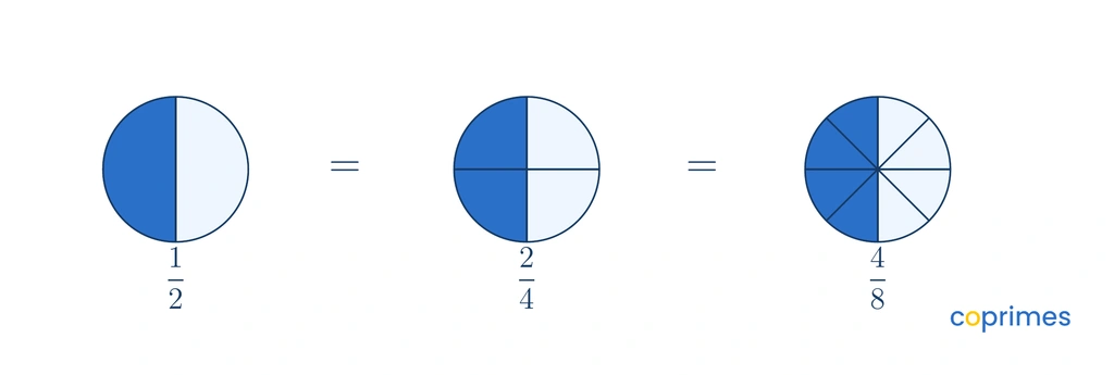 Three identical circles are shown side by side. The first is divided into two parts with one shaded, representing one half. The second has four parts with two shaded, representing two fourths. The third has eight parts with four shaded, representing four eighths. All three show the same amount of area shaded.