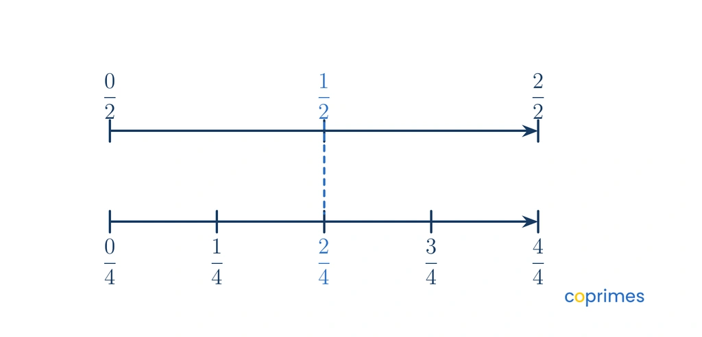 Two stacked number lines from zero to one. The top number line is divided into halves, showing zero halves, one half, and two halves. The bottom number line is divided into fourths. A vertical dashed line connects one half on the top line directly to two fourths on the bottom line, showing they occupy the same position.