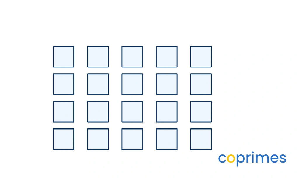 Twenty squares arranged in a grid of four rows and five columns.
