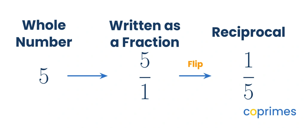 A sequence showing the whole number 5, converting to the fraction 5 over 1, and then flipping to become the reciprocal 1 over 5.