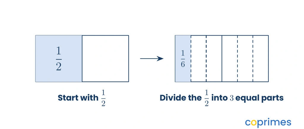 An area model shows a rectangle representing one half, which is then vertically divided into three equal pieces to show that one piece is one sixth of the original whole.