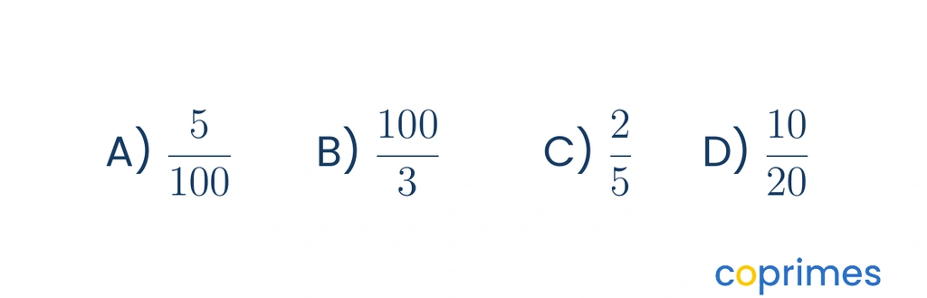 Four mathematical fractions displayed in a row: five hundredths, one hundred thirds, two fifths, and ten twentieths. The fraction five hundredths is highlighted by a blue box to indicate it is the correct choice.