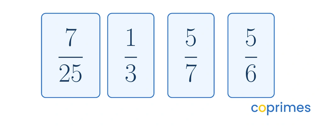Four rational numbers displayed as fractions: 7 over 25, 1 over 3, 5 over 7, and 5 over 6.