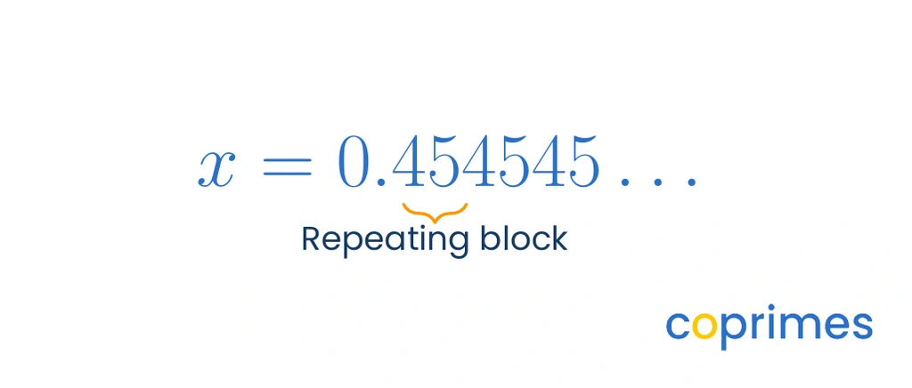 An equation states x equals 0.454545 continuing infinitely.