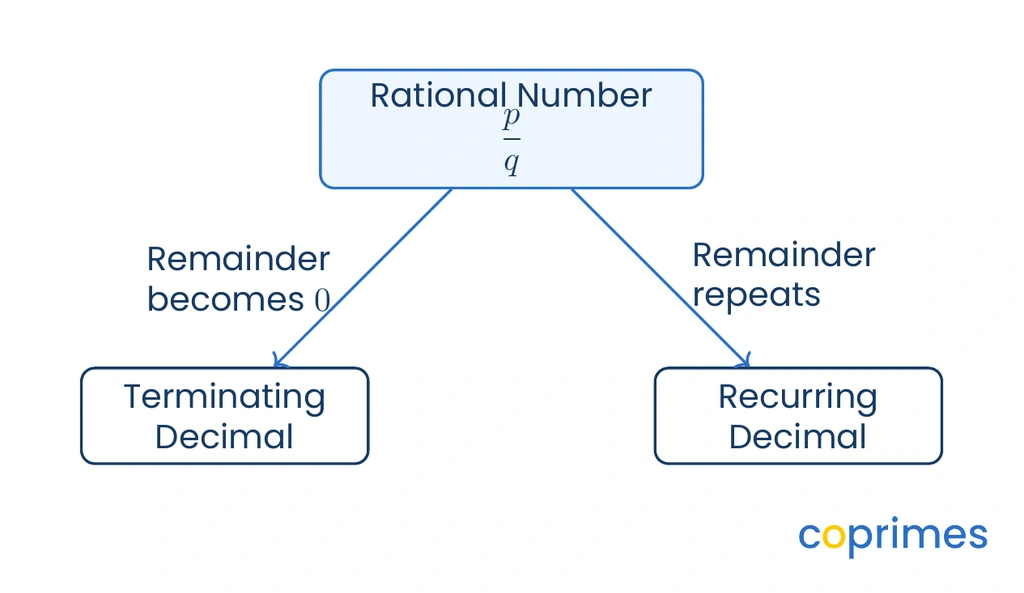 A flowchart showing that a rational number p over q leads to either a terminating decimal when the remainder becomes zero, or a recurring decimal when the remainder repeats.