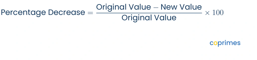 A formula graphic shows Percentage Decrease equals the fraction of Original Value minus New Value over Original Value, multiplied by 100.