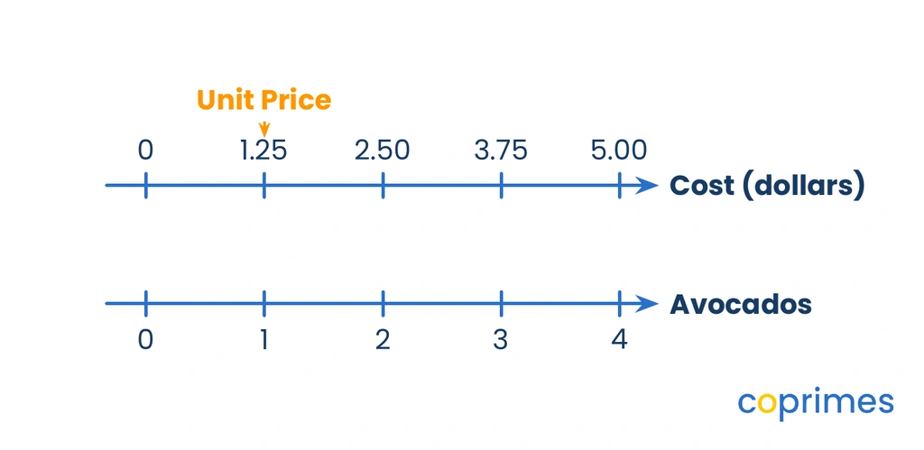 A double number line showing cost in dollars and the number of avocados. 4 avocados cost 5 dollars. Dividing by 4 shows that 1 avocado costs 1.25 dollars.