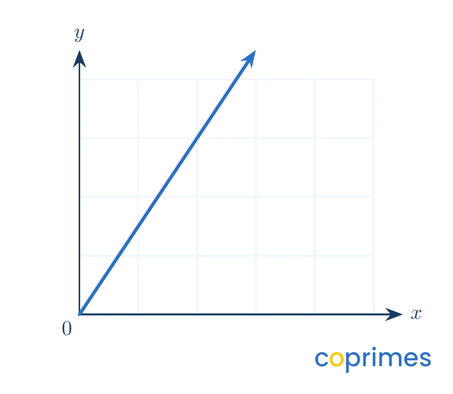 A coordinate plane showing a single straight blue line passing precisely through the origin 0,0 and continuing upward at a steady angle.