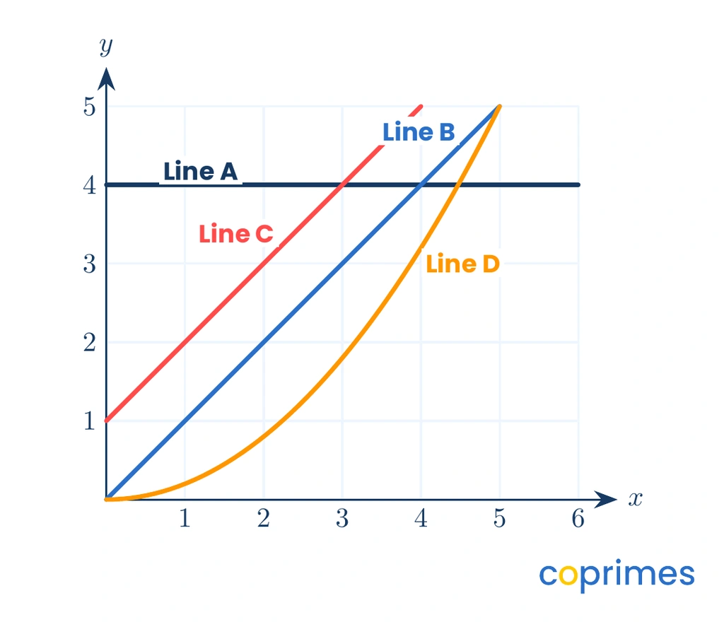 A coordinate grid displaying four labeled lines. Line A is a horizontal line. Line B is a straight diagonal line through the origin. Line C is a straight diagonal line that crosses the y-axis above zero. Line D is a curve starting at the origin.