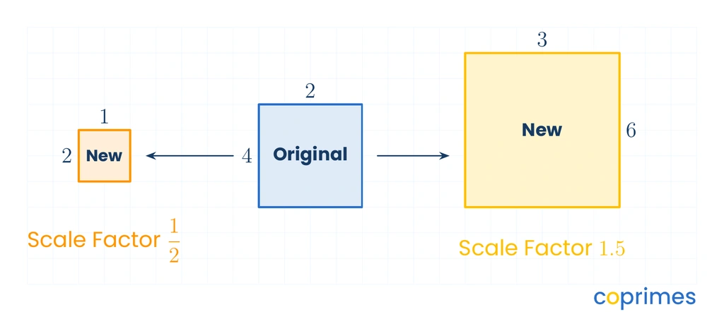Three rectangles on a grid. The original is 2 by 4. An enlargement with a scale factor of 1.5 is 3 by 6. A reduction with a scale factor of 0.5 is 1 by 2.