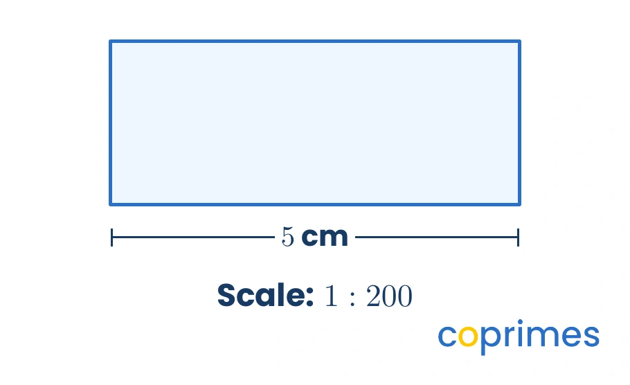 A blueprint of a rectangular room. A dimension line indicates the width of the room is 5 centimeters on the drawing. The scale is given as 1 to 200.