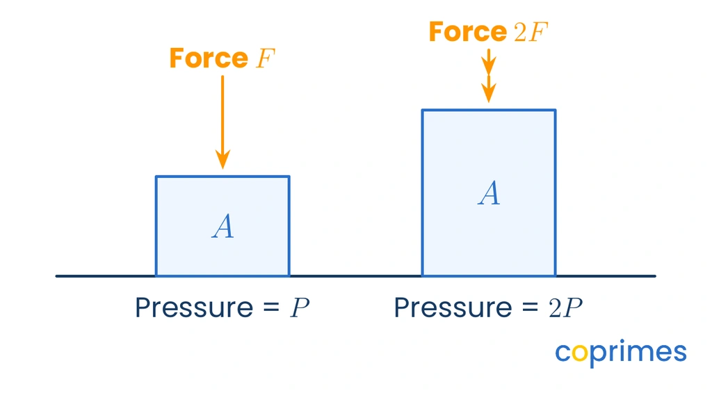 Two identical blocks resting on identical areas. The block with twice the downward force arrow generates twice the pressure.