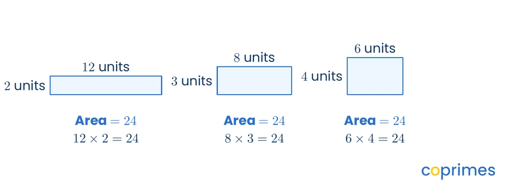 Three rectangles with different dimensions but the same area of 24 square units. The dimensions are 12 by 2, 8 by 3, and 6 by 4.